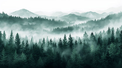 Atmospheric painterly Deep Green evergreen trees featuring mist and mountain landscape - Wall Mural & Peel and Stick Wallpaper for Painterly Interiors and Premium Home Styling