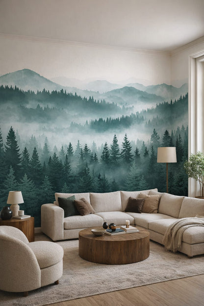 Organic Modern olive evergreen trees featuring mist - Wall Mural Peel and Stick Wallpaper for Organic Modern Living Room.