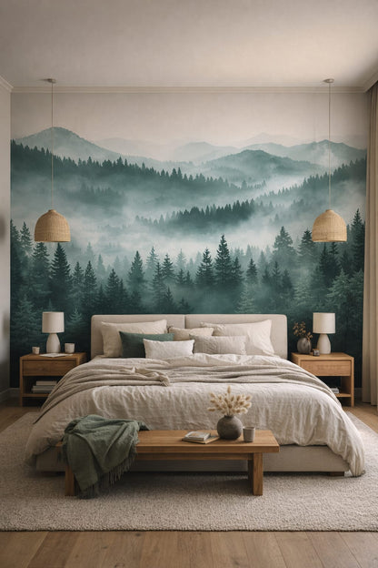 Japandi sand-toned evergreen trees featuring mist - Wall Mural Peel and Stick Wallpaper for Japandi Master Bedroom.