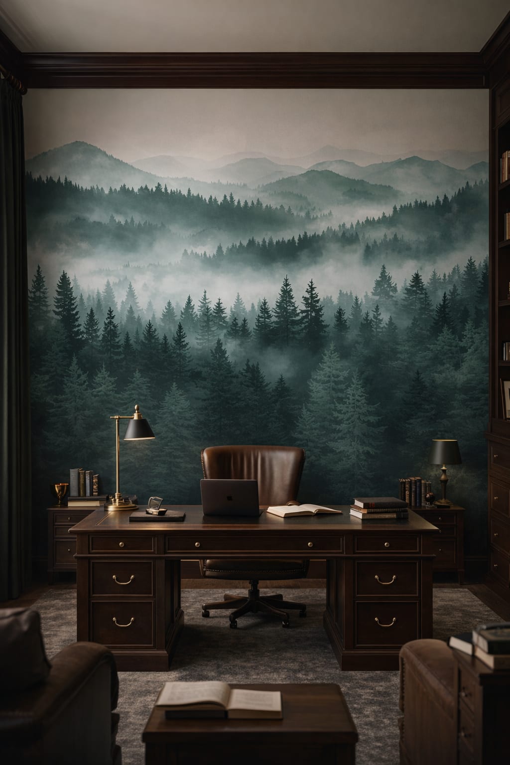 Dark Academia deep green evergreen trees featuring mist - Wall Mural Peel and Stick Wallpaper for Dark Academia Executive Home Office.