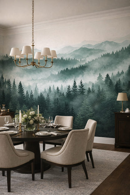 Cream-toned Modern Classic evergreen trees featuring mist - Wall Mural Peel and Stick Wallpaper for Modern Classic Formal Dining Room.