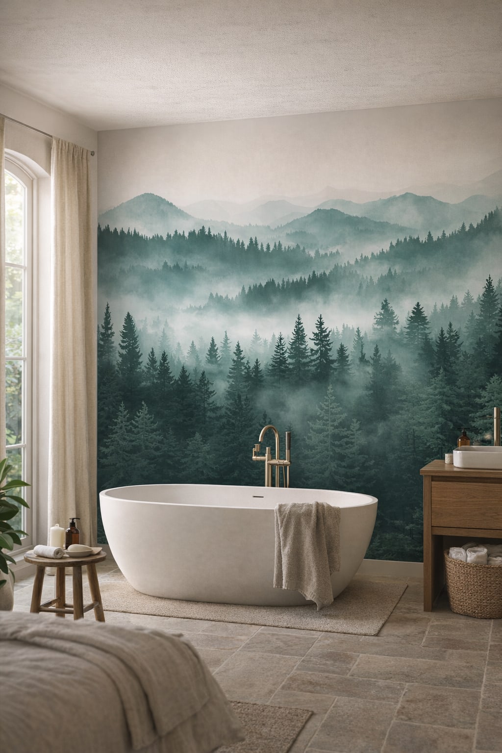 Zen soft-neutral evergreen trees featuring mist - Wall Mural Peel and Stick Wallpaper for Zen Luxury Bathroom.