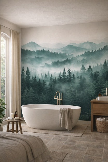 Zen soft-neutral evergreen trees featuring mist - Wall Mural Peel and Stick Wallpaper for Zen Luxury Bathroom.