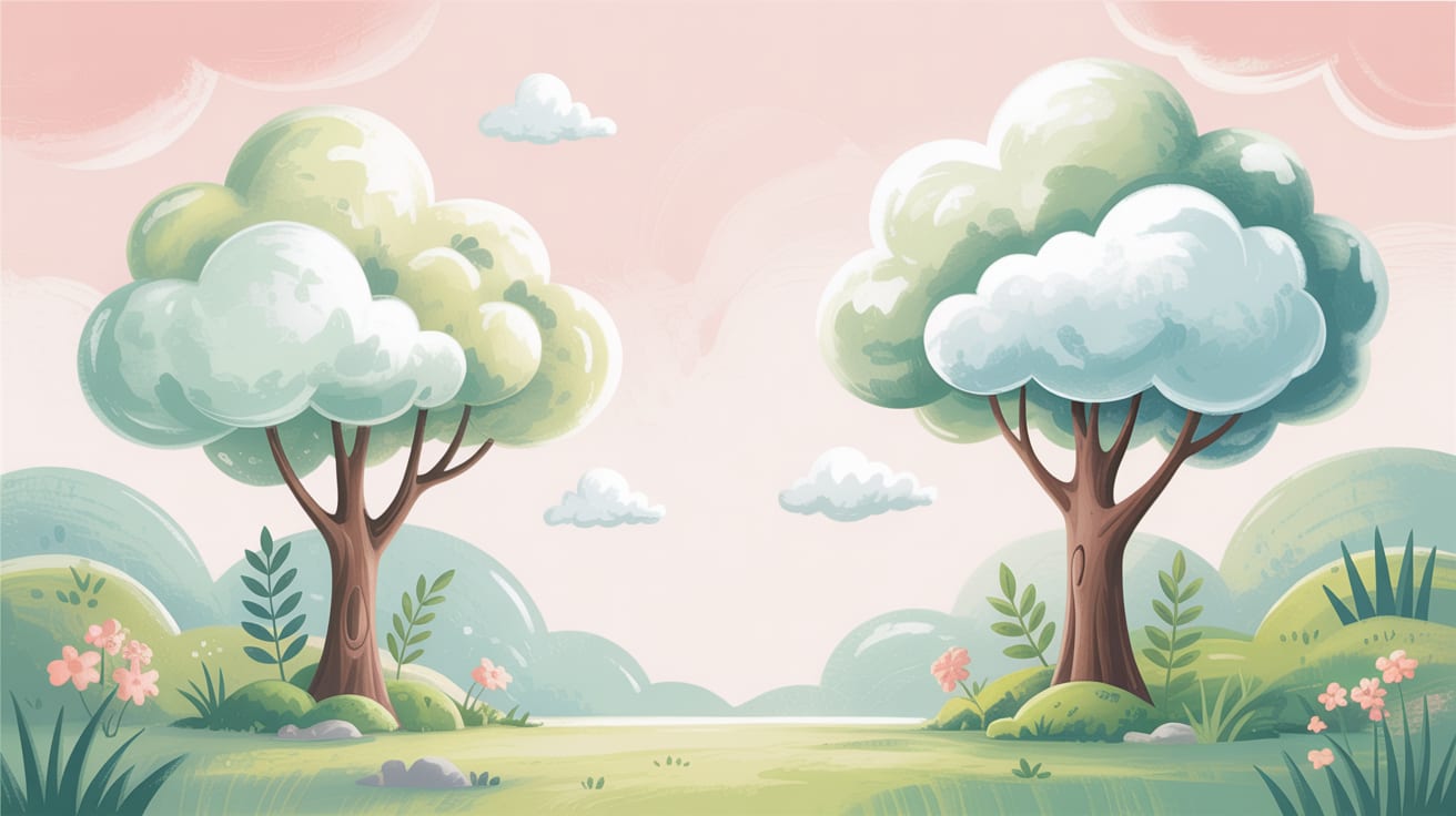 Whimsical nurturing Soft Pink whimsical forest landscape featuring trees and clouds - Wall Mural & Peel and Stick Wallpaper for Whimsical Nursery or Kids Room.