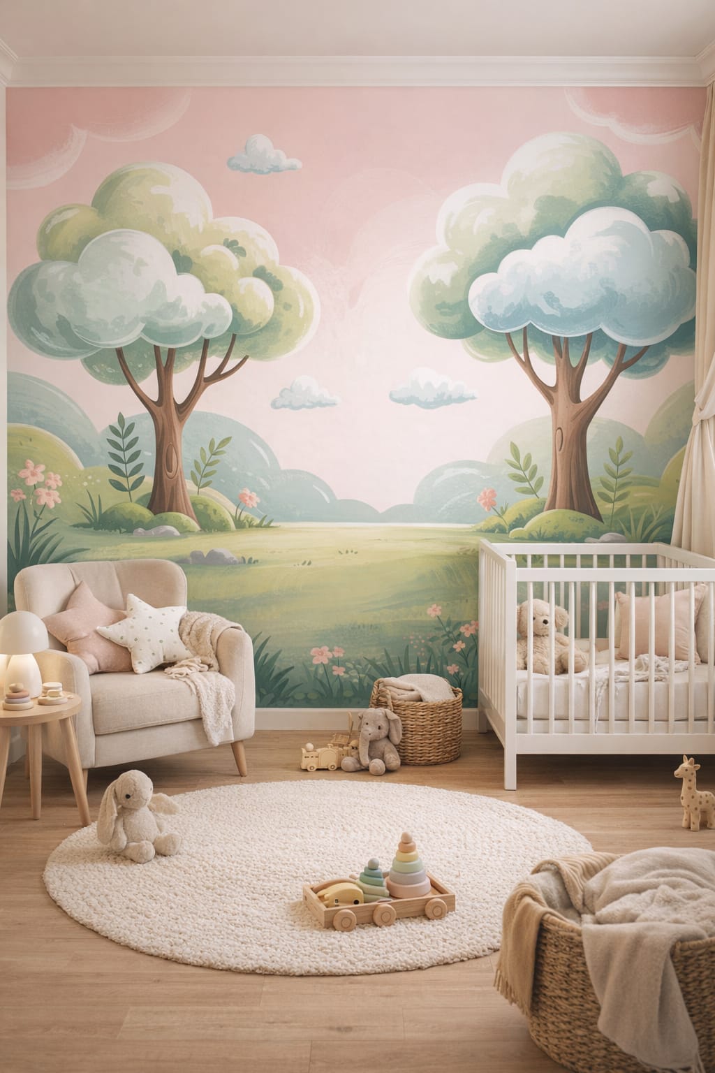 Scandinavian white-gray whimsical forest landscape featuring trees - Wall Mural Peel and Stick Wallpaper for Scandinavian Nursery.