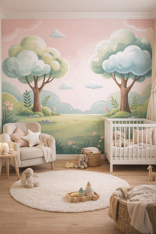 Scandinavian white-gray whimsical forest landscape featuring trees - Wall Mural Peel and Stick Wallpaper for Scandinavian Nursery.