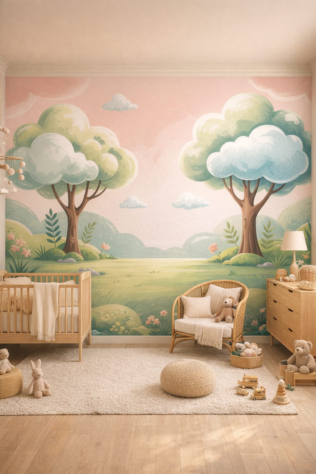 Japandi sand-toned whimsical forest landscape featuring trees - Wall Mural Peel and Stick Wallpaper for Japandi Nursery.
