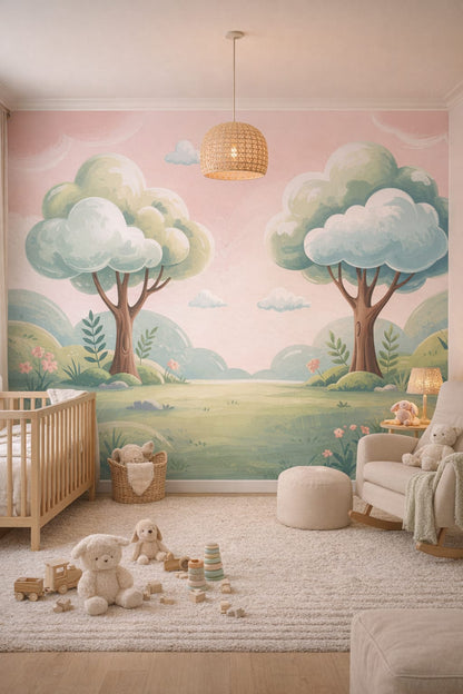 Hygge cream-toned whimsical forest landscape featuring trees - Wall Mural Peel and Stick Wallpaper for Hygge Nursery.
