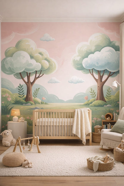 Whimsical Boho terracotta whimsical forest landscape featuring trees - Wall Mural Peel and Stick Wallpaper for Whimsical Boho Nursery.