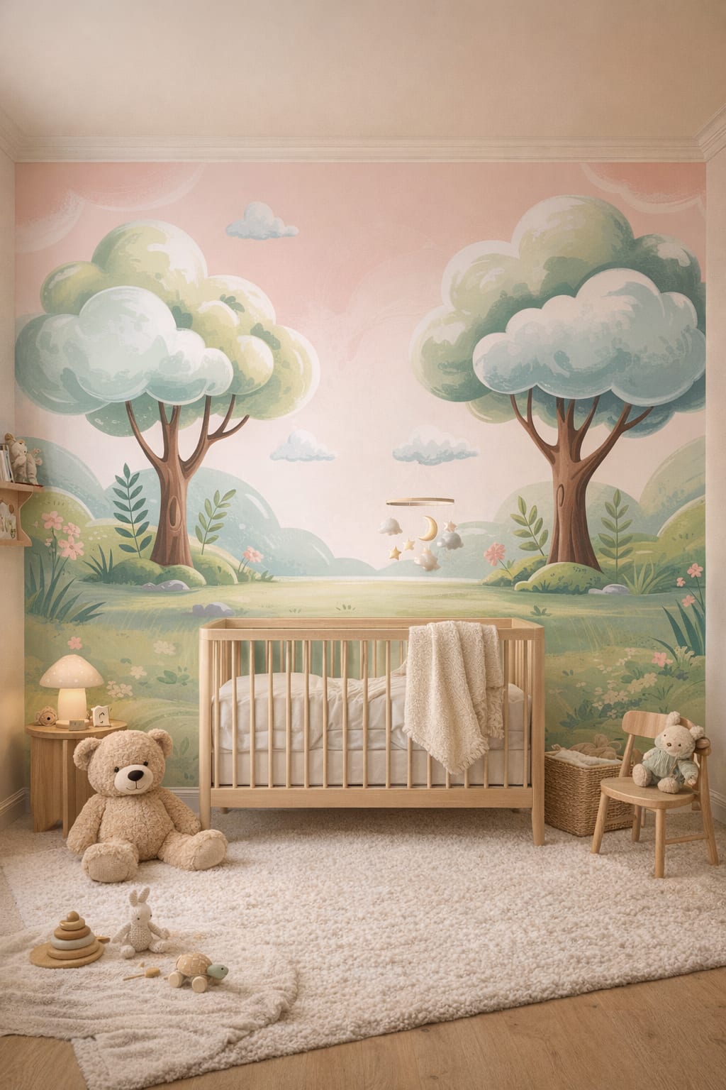 Moss green woodland whimsical forest landscape featuring trees - Wall Mural Peel and Stick Wallpaper for Woodland / Forest Nursery.