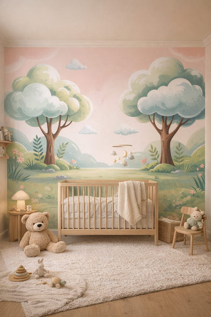 Moss green woodland whimsical forest landscape featuring trees - Wall Mural Peel and Stick Wallpaper for Woodland / Forest Nursery.