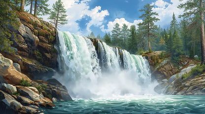 Painterly atmospheric Blue Waterfall featuring pine forest and rocky cliffs - Wall Mural & Peel and Stick Wallpaper for Painterly Interiors and Premium Home Styling