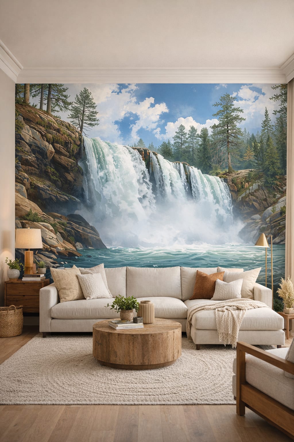 Neutral modern waterfall featuring pine forest - Wall Mural Peel and Stick Wallpaper for California Modern Living Room.