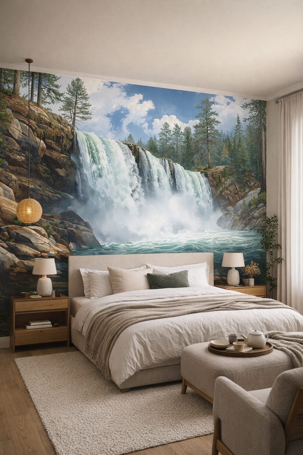 Japandi sand-toned waterfall featuring pine forest - Wall Mural Peel and Stick Wallpaper for Japandi Master Bedroom.