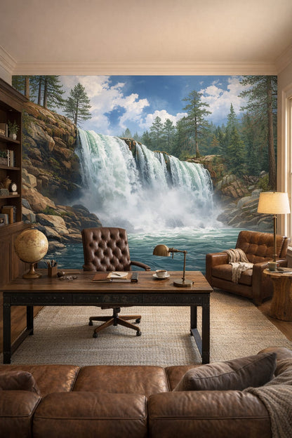 Rustic Modern sand-toned waterfall featuring pine forest - Wall Mural Peel and Stick Wallpaper for Rustic Modern Executive Home Office.
