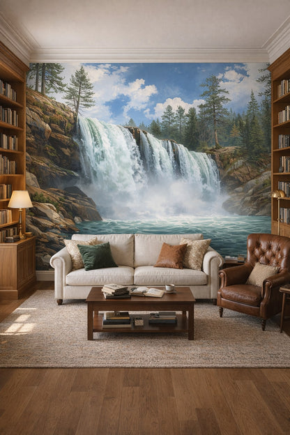Academic cream waterfall featuring pine forest - Wall Mural Peel and Stick Wallpaper for Light Academia Home Library.