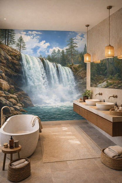 Biophilic green-neutral waterfall featuring pine forest - Wall Mural Peel and Stick Wallpaper for Biophilic Design Luxury Bathroom.