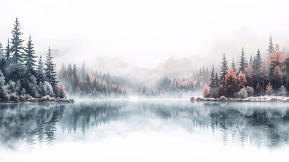 Atmospheric serene Misty Blue forest lake featuring lake reflection and mountain silhouette - Wall Mural & Peel and Stick Wallpaper for Painterly Interiors and Premium Home Styling