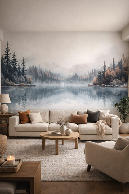 Organic Modern cream-toned forest lake featuring lake reflection - Wall Mural Peel and Stick Wallpaper for Organic Modern Living Room