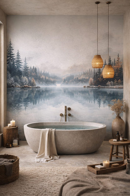 Organic muted-earth forest lake featuring lake reflection - Wall Mural Peel and Stick Wallpaper for Wabi-sabi Luxury Bathroom.