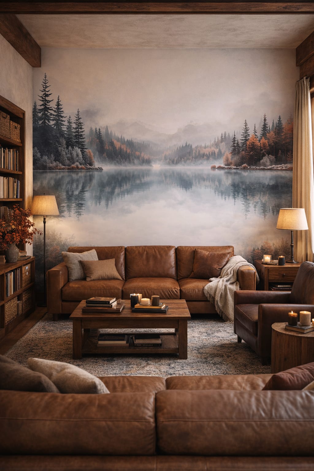 Rustic brown forest lake featuring lake reflection - Wall Mural Peel and Stick Wallpaper for Cabin / Lodge Reading Room.