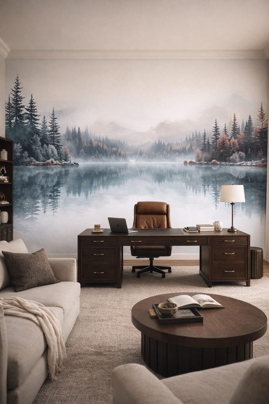 Refined greige forest lake featuring lake reflection - Wall Mural Peel and Stick Wallpaper for Quiet Luxury Executive Home Office.