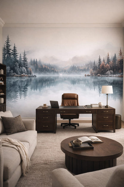Refined greige forest lake featuring lake reflection - Wall Mural Peel and Stick Wallpaper for Quiet Luxury Executive Home Office.