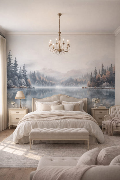 Gustavian bluish-gray forest lake featuring lake reflection - Wall Mural Peel and Stick Wallpaper for Gustavian (Swedish) Master Bedroom.