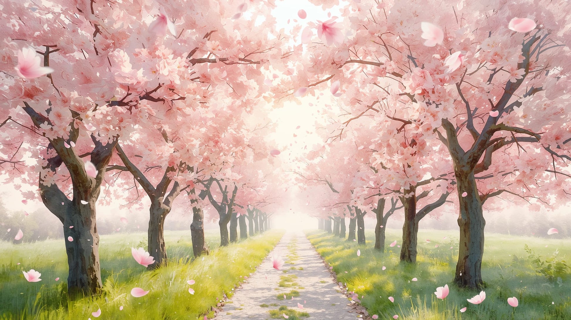 Dreamy luminous Blush Pink cherry blossom trees featuring garden path and falling petals - Wall Mural & Peel and Stick Wallpaper for Painterly Interiors and Premium Home Styling