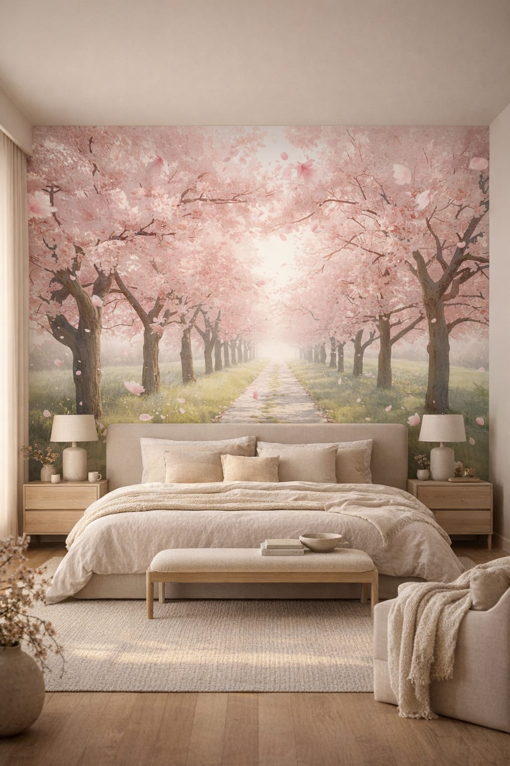 Japandi sand-toned cherry blossom trees featuring garden path - Wall Mural Peel and Stick Wallpaper for Japandi Master Bedroom.