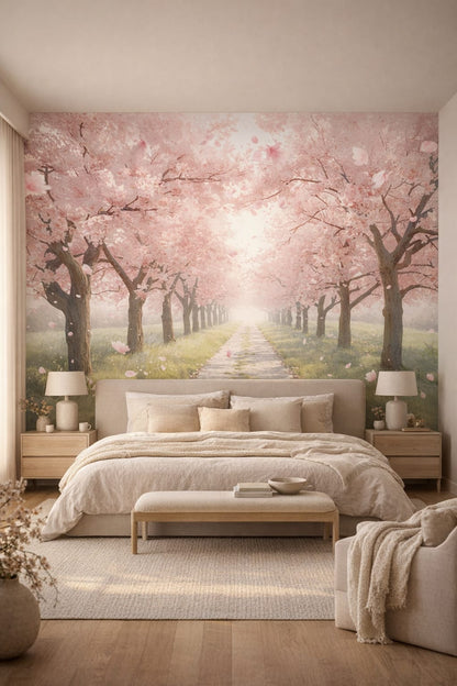 Japandi sand-toned cherry blossom trees featuring garden path - Wall Mural Peel and Stick Wallpaper for Japandi Master Bedroom.