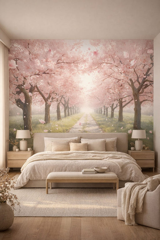 Japandi sand-toned cherry blossom trees featuring garden path - Wall Mural Peel and Stick Wallpaper for Japandi Master Bedroom.
