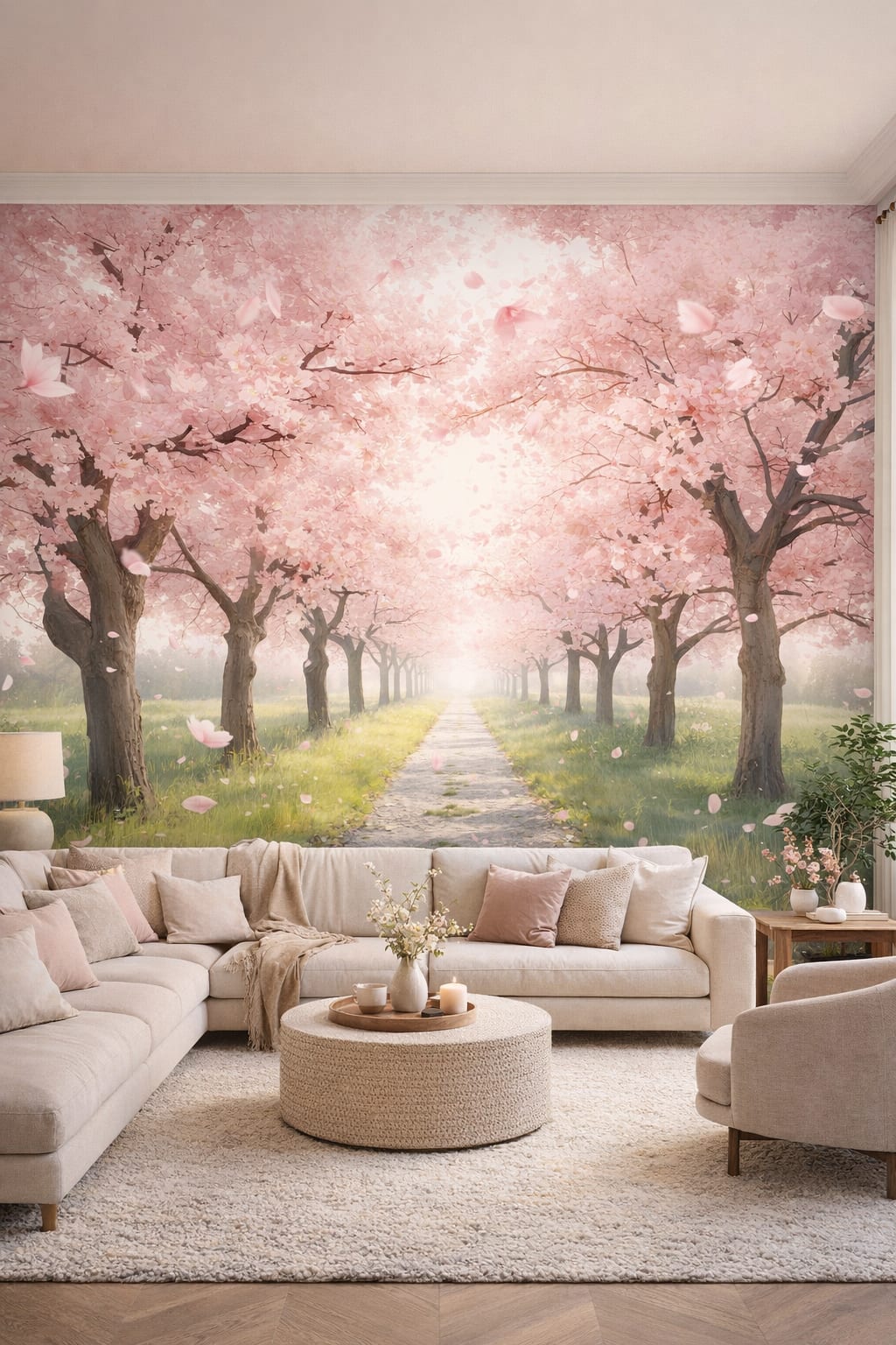 Cream Organic Modern cherry blossom trees featuring garden path - Wall Mural Peel and Stick Wallpaper for Organic Modern Living Room.