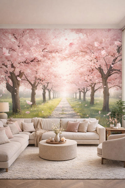 Cream Organic Modern cherry blossom trees featuring garden path - Wall Mural Peel and Stick Wallpaper for Organic Modern Living Room.