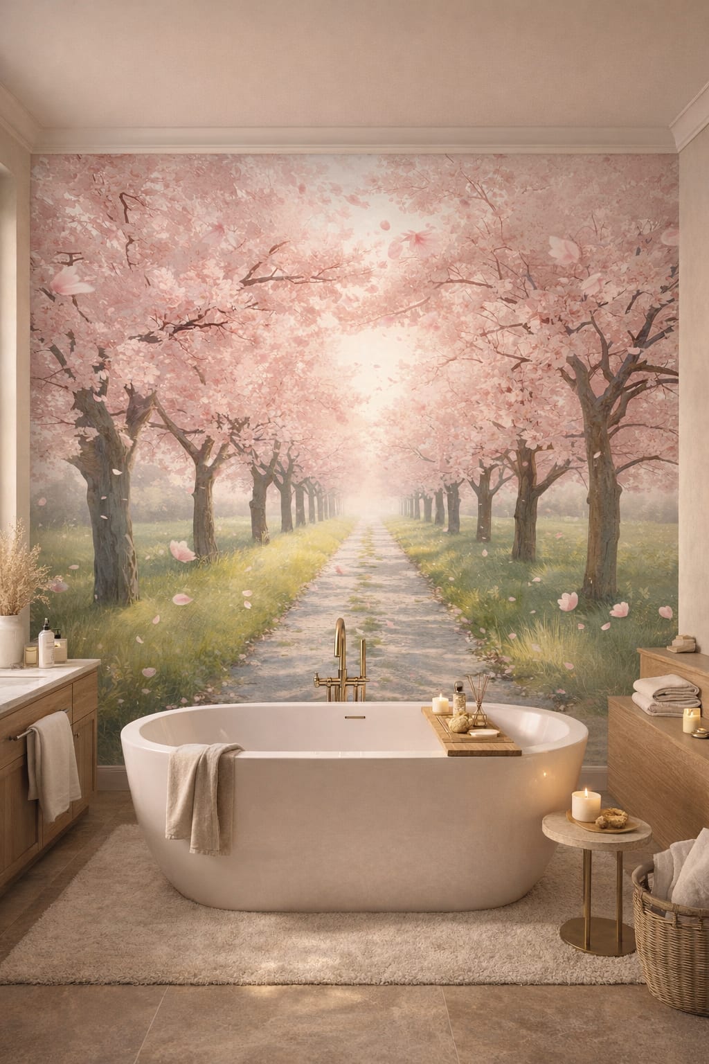 Greige Quiet Luxury cherry blossom trees featuring garden path - Wall Mural Peel and Stick Wallpaper for Quiet Luxury Luxury Bathroom.