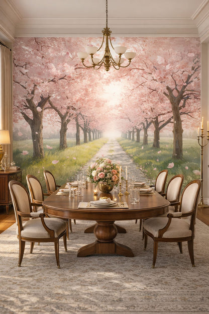 Art Nouveau cream-toned cherry blossom trees featuring garden path - Wall Mural Peel and Stick Wallpaper for Art Nouveau Formal Dining Room.