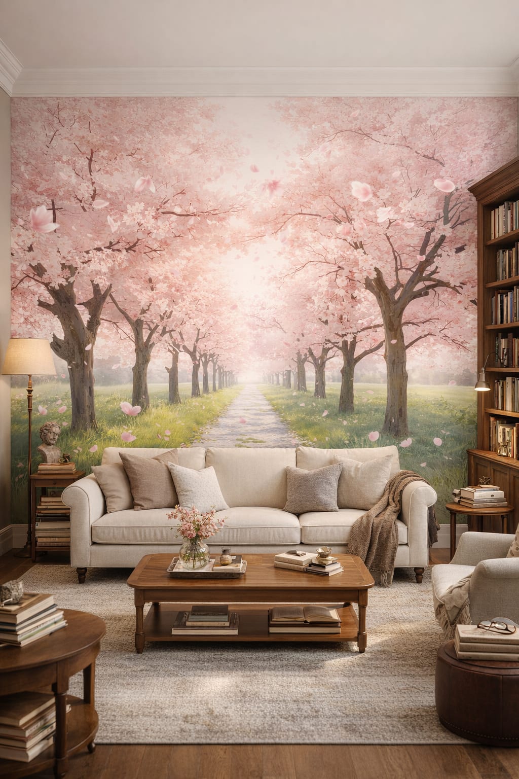 Cream scholarly cherry blossom trees featuring garden path - Wall Mural Peel and Stick Wallpaper for Light Academia Home Library.