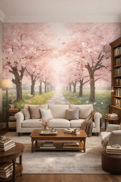 Cream scholarly cherry blossom trees featuring garden path - Wall Mural Peel and Stick Wallpaper for Light Academia Home Library.