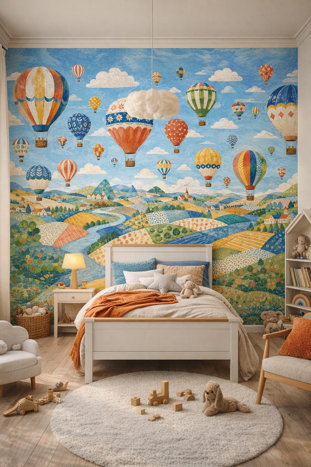 White birch Scandi Kids hot air balloons featuring countryside landscape - Wall Mural Peel and Stick Wallpaper for Scandi Kids Kids Bedroom.