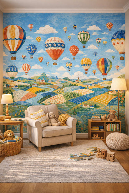 Classic Storybook dusty rose hot air balloons featuring countryside landscape - Wall Mural Peel and Stick Wallpaper for Classic Storybook Reading Corner.