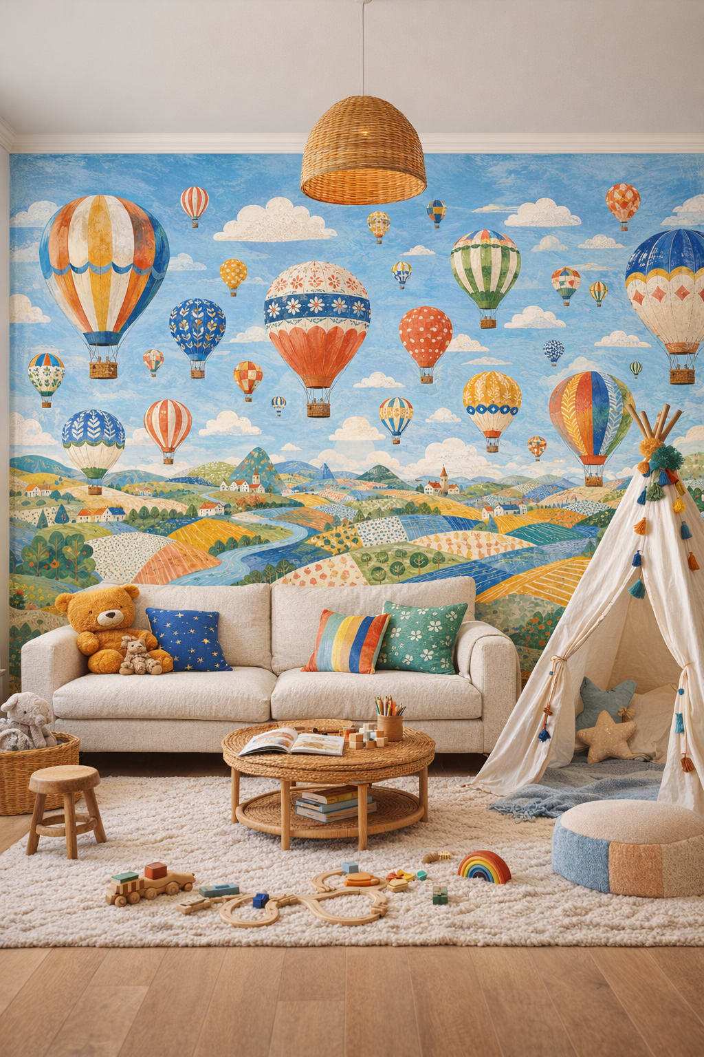 Whimsical terracotta hot air balloons featuring countryside landscape - Wall Mural Peel and Stick Wallpaper for Whimsical Boho Playroom.