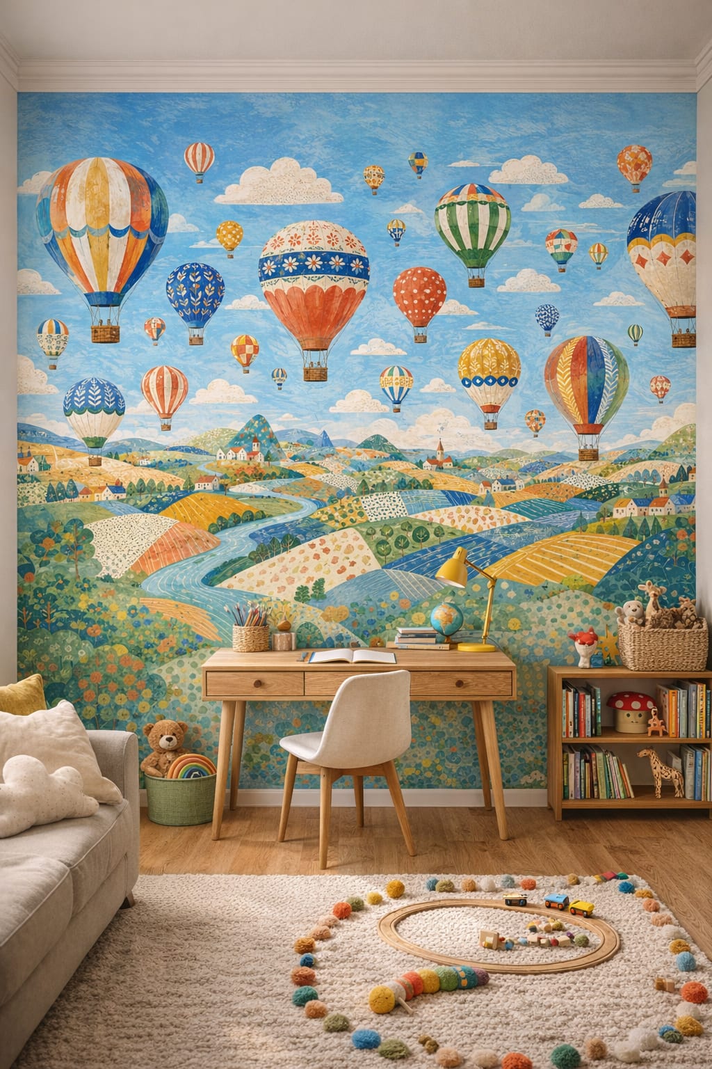 Teal Mid-century Kids hot air balloons featuring countryside landscape - Wall Mural Peel and Stick Wallpaper for Mid-century Kids Homework / Study Corner.
