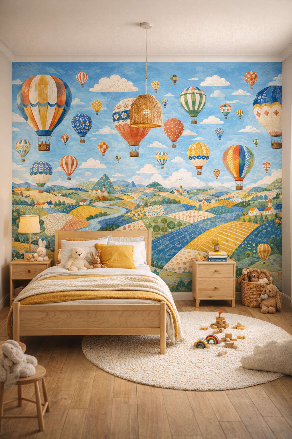 Modern Montessori neutrals hot air balloons featuring countryside landscape - Wall Mural Peel and Stick Wallpaper for Modern Montessori Kids Bedroom.