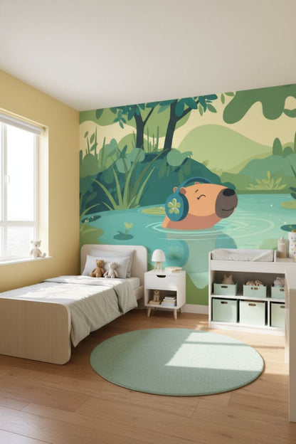 Capybara Chill - Scenic Lake Accent Wall Mural Wallpaper - Recoat