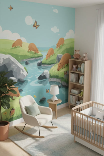 Capybara Field - Playful Animal Accent Wall Mural Wallpaper - Recoat