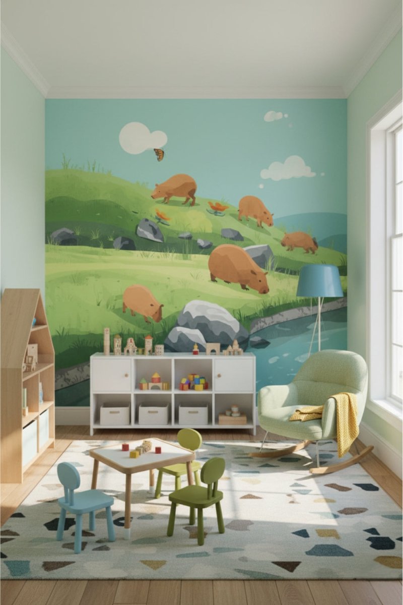Capybara Field - Playful Animal Accent Wall Mural Wallpaper - Recoat