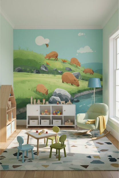 Capybara Field - Playful Animal Accent Wall Mural Wallpaper - Recoat