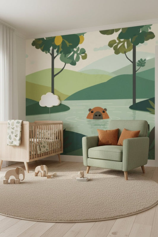 Capybara Peek - Forest Animal Accent Wall Mural Wallpaper - Recoat