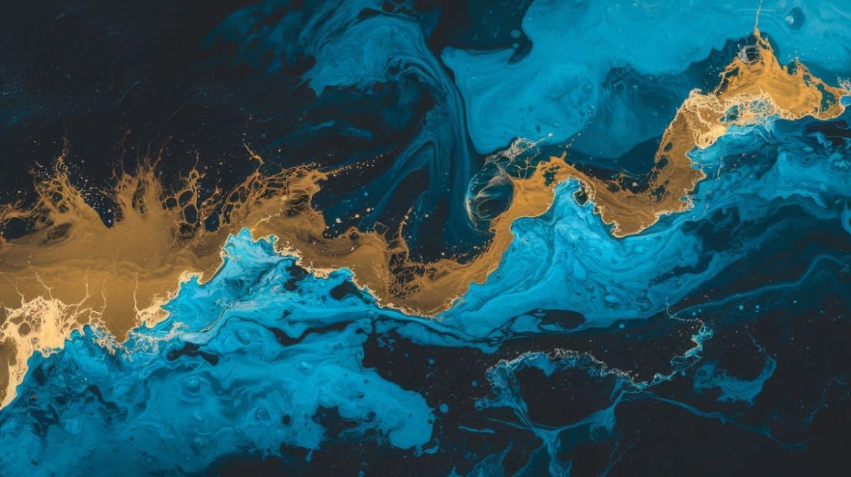 Luxurious refined Teal Blue abstract fluid marbling featuring gold veining and ink splatter - Wall Mural & Peel and Stick Wallpaper for Abstract Interiors and Premium Home Styling.