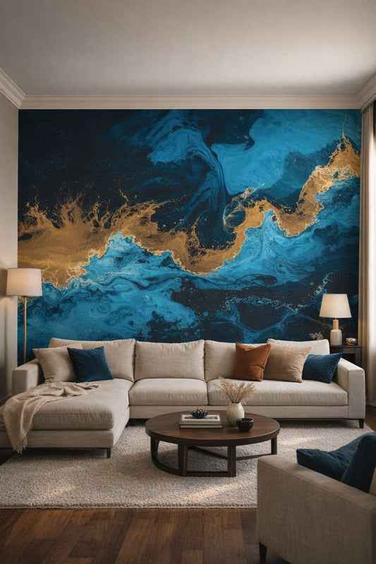 Neutral luxe, warm gray - abstract fluid marbling featuring gold veining - Wall Mural Peel and Stick Wallpaper for Luxury Contemporary Living Room.